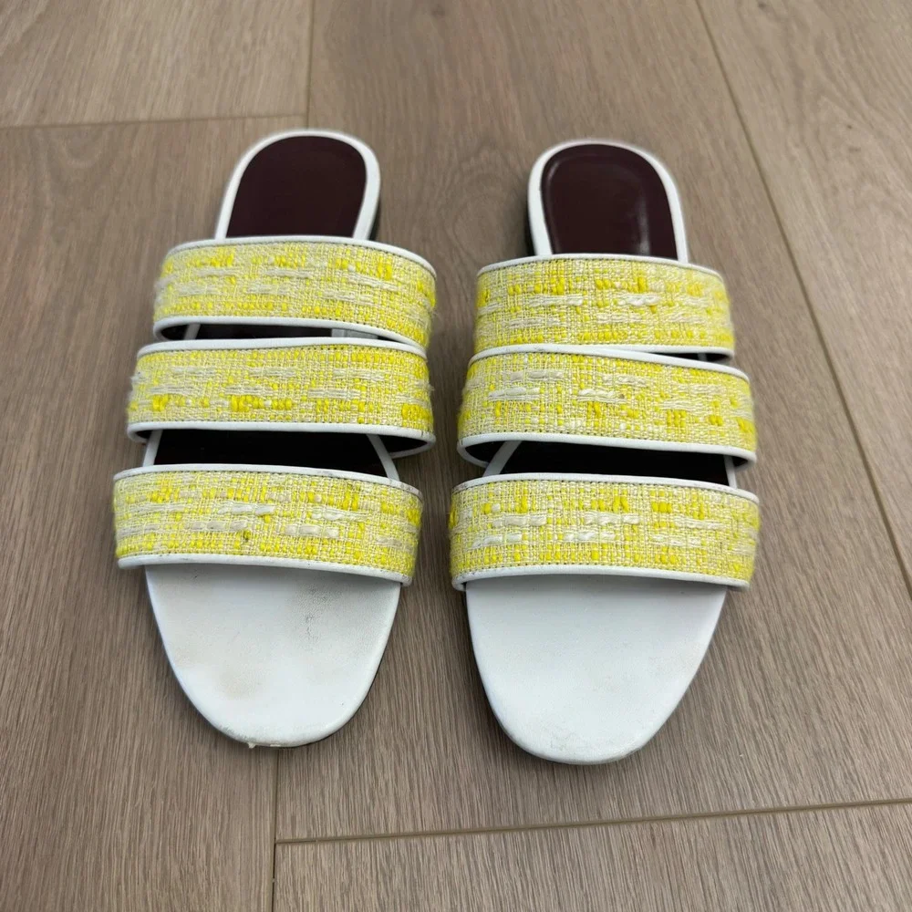 HH STAUD Yellow Tweed Triple Strap Slide Sandal White Leather Trim Flat Slide 38